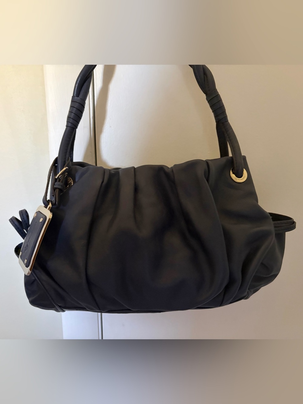 B. Makowsky Vintage Navy Gathered Leather Shoulder Bag EUC / Silver Hardware - Picture 9 of 9